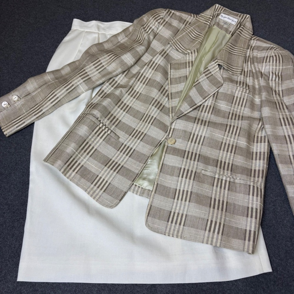 Barry Bricken Vintage Plaid Blazer and Skirt Set Neutral Ivory Tan Size 10 12